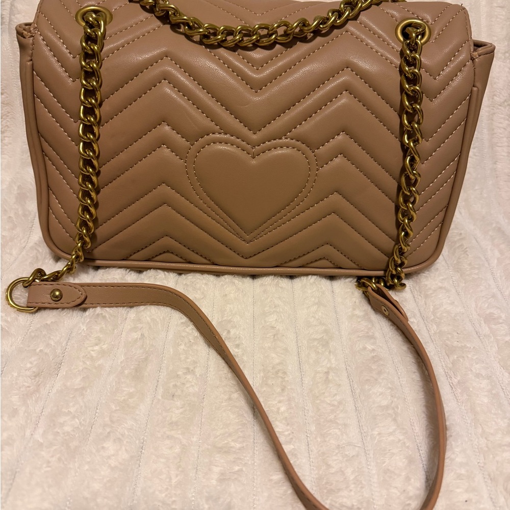 Quilted Taupe Chain Shoulder Bag - Chevron Crossbody - Picture 3 of 8